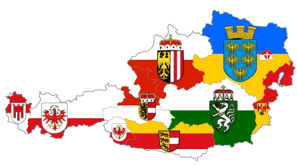 Флаги австрийских федеральных земель с уникальными гербами на фоне