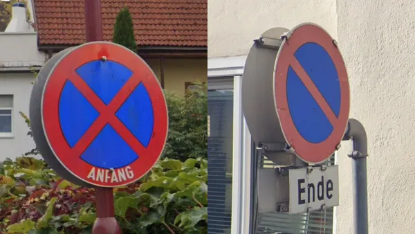 Знаки Остановка запрещена и Ожидание запрещено в Австрии с Anfang и Ende