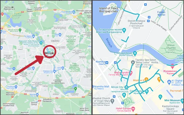 Пешеходный маршрут в историческом центре Минска с панорамой треккеров Google ниже уровня авто
