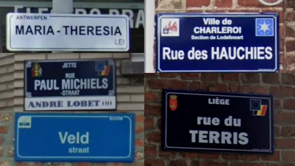 Уличные указатели Бельгии с белым и темно-синим фоном и названием города