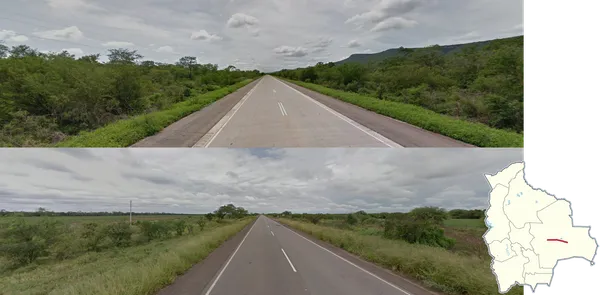 Восточный участок Ruta 4 к востоку от Санта-Круса, равнинная дорога с зеленой растительностью
