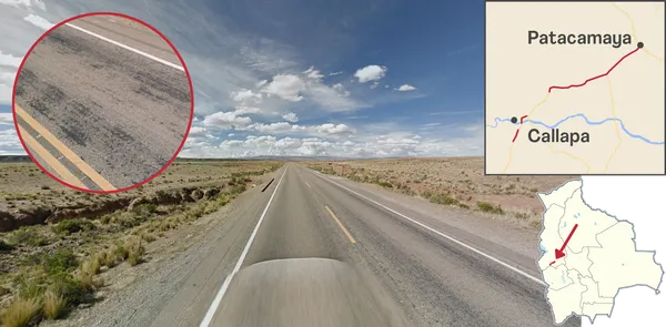 Изношенный зернистый асфальт на Ruta 4 к юго-западу от Патакамайи