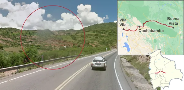 Квадратное пятно на трассе Ruta 4 на востоке Боливии, Вила-Вила