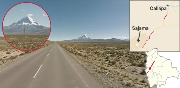 Одинокий заснеженный Невадо Сахама рядом с трассой Ruta 4, юго-запад Боивии