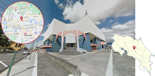 Стадион Palacio de los Deportes в Эредии, квадратная форма, красно-сине-белая гамма