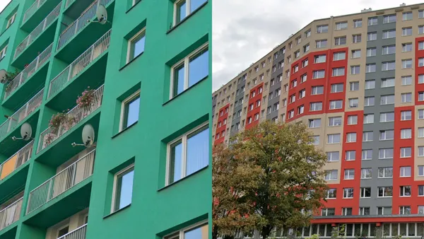 Панельный многоквартирный дом в Чехии с яркой цветной фасадной отделкой