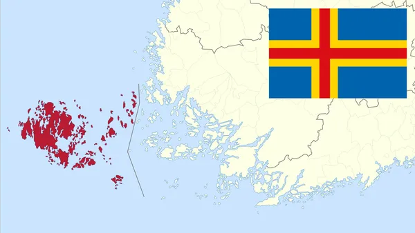 Флаг автономных Аландских островов на фоне морского побережья Финляндии