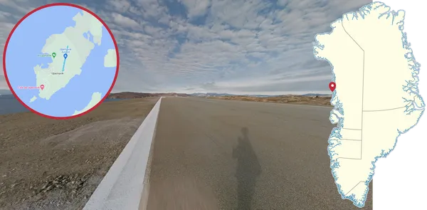 В Упернавике взлетно-посадочная полоса аэропорта на асфальте в Street View