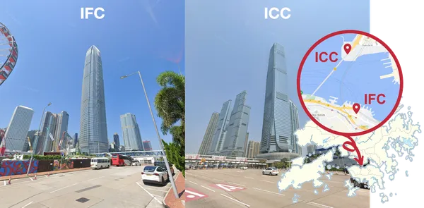 Два небоскреба IFC и ICC в Гонконге, остров Гонконг и Коулун