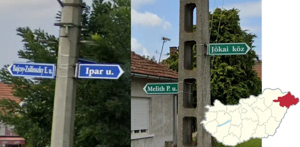 Синие стрелочные указатели улиц на столбе, Сабольч-Сатмар-Берег, Венгрия