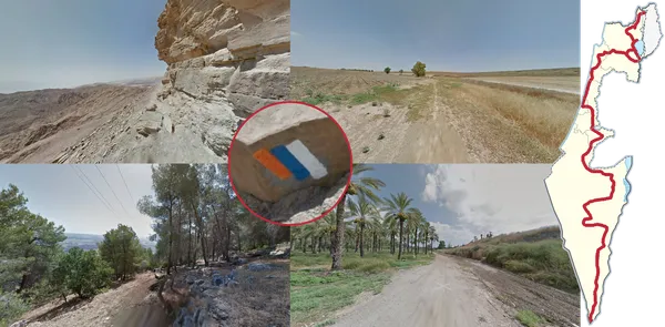 Оранжево-синие знаки Израильской национальной тропы на каменистой пустынной тропе