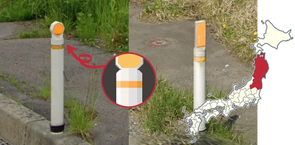 Толстый белый дорожный столбик Тохоку с восьмиугольным отражателем и желтой полосой