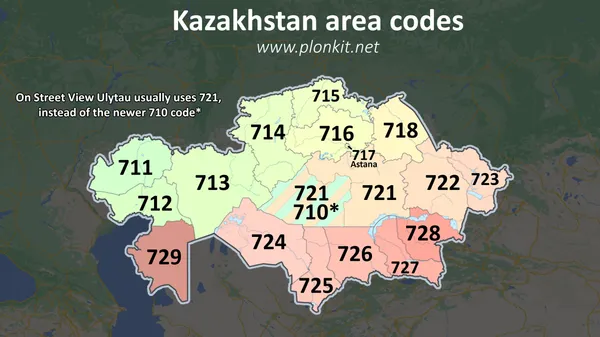 Казахстанские телефонные коды на схеме, расположенные с востока на запад