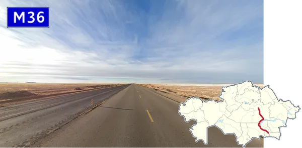 Трасса M36 Караганда–Алматы, стройка второй полосы на юг, степь зимой