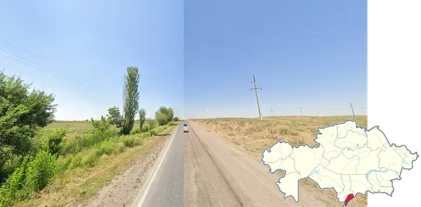 Холмистая степь юга Казахстана у Жетисая с оранжевой травой и кустарником