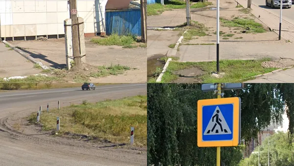 Дорожные столбики и пешеходные знаки у дороги Казахстана, как в России