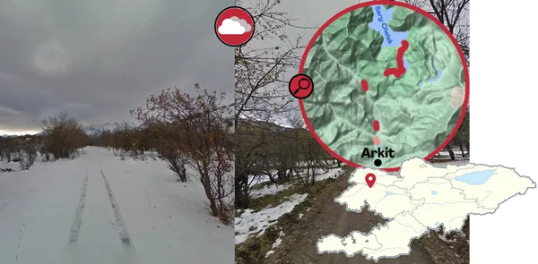 Снег покрывает грунт у Аркита, низкие широколиственные деревья вокруг