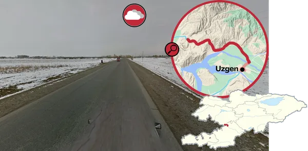 Пасмурная дорога с большим снегом к северо-западу от Узгена