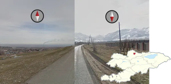 Заснеженные вершины Тянь-Шаня к югу от Бишкека, над городом смог