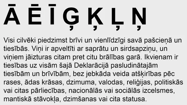 Табличка с латышскими буквами Ā Ē Ī Ģ Ķ Ņ Ņ и Ī надписью