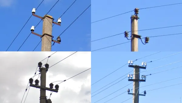 Литовские опоры электросети с тройным трезубцем из изоляторов и стержнями