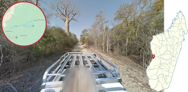 Серебристый багажник на автомобиле Street View вдоль трассы RN8