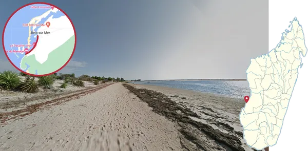 Пляж отеля Belo Sur Mer с местами загрязненным песком и извилистой линией берега на северо-запад