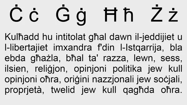 Табличка с мальтийским латинским алфавитом и буквами Ċ ċ Ġ ġ