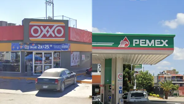 Автозаправочная станция OXXO и Pemex в Мексике с вывесками