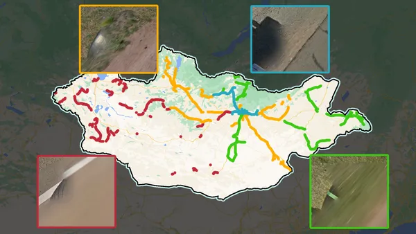 Запасное колесо сзади справа автомобиля Street View на синей локации Монголии