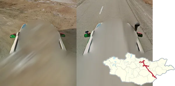 Автомобиль Street View без тента на шоссе Чоир к юго-востоку от Улан-Батора
