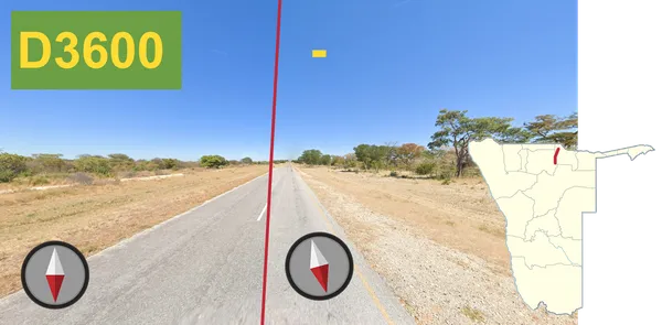 Светлая зернистая дорога D3600 на северо-восток к Мпунгу с блеклыми желтыми линиями