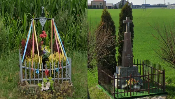 Христианская святыня у дороги в Польше с польскими католическими флагами