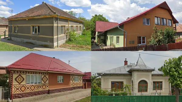 Односемейный румынский каменный дом с пастельной плиточной облицовкой и оранжевой черепицей