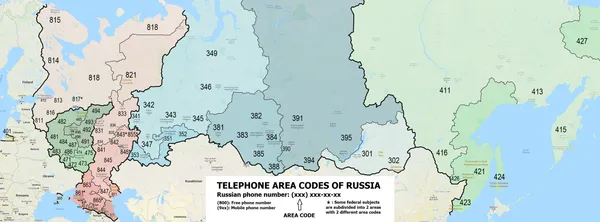 Карта телефонных кодов России: зоны 8 запад, 3 центральная, 4 восток и Москва