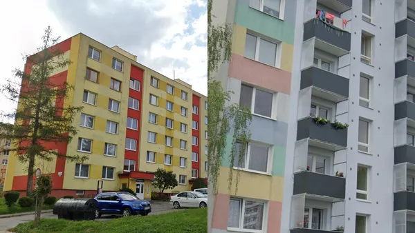 Панельный многоквартирный дом в Словакии с яркими цветами и узорами