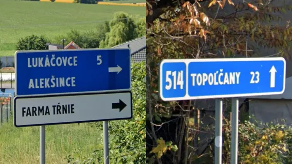 Синие дорожные указатели в Словакии с небольшими белыми стрелками