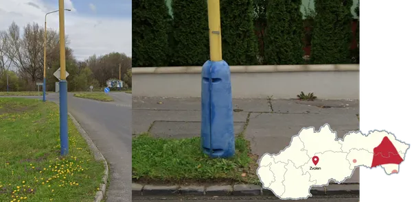 Жёлтые фонарные столбы с синим основанием, город Зволен