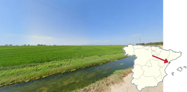 Равнинные рисовые поля дельты реки Эбро в Делтебре с водоканалами