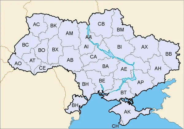 Украинский номерной знак с региональным кодом на двух первых буквах области