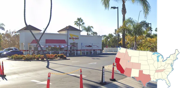 Фирменный In-N-Out Burger с вывеской и входом в Калифорнии США